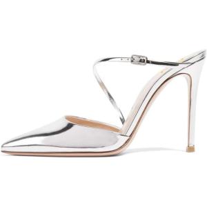 imageFSJ Women Chic Pointy Toe Mules Stiletto High Heels Sandals Strappy Slide Dress Party Wedding Shoes with Buckle Size 415 USSilver