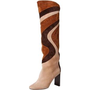 imageFSJ Women Closed Toe Chunky Heel Long Boots Colorful Printed Stretchy Knee High Boots Back Zipper Novel Party Dress Shoes Size 416 USMulticolorbrown