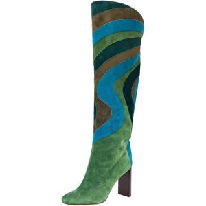 imageFSJ Women Closed Toe Chunky Heel Long Boots Colorful Printed Stretchy Knee High Boots Back Zipper Novel Party Dress Shoes Size 416 USMulticolorgreen