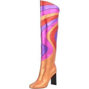 imageFSJ Women Closed Toe Chunky Heel Long Boots Colorful Printed Stretchy Knee High Boots Back Zipper Novel Party Dress Shoes Size 416 USMulticolorpink