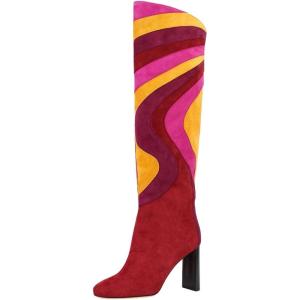 imageFSJ Women Closed Toe Chunky Heel Long Boots Colorful Printed Stretchy Knee High Boots Back Zipper Novel Party Dress Shoes Size 416 USMulticolorred