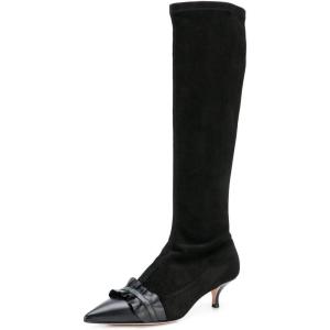 imageFSJ Women Elegant Knee High Long Boots Closed Toe Mid Kitten Heels Fashion Ruffles Shoes Size 415 USBlack