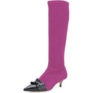imageFSJ Women Elegant Knee High Long Boots Closed Toe Mid Kitten Heels Fashion Ruffles Shoes Size 415 USFushcia