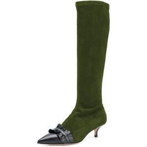 imageFSJ Women Elegant Knee High Long Boots Closed Toe Mid Kitten Heels Fashion Ruffles Shoes Size 415 USGreen