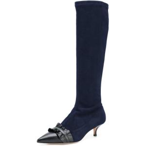 imageFSJ Women Elegant Knee High Long Boots Closed Toe Mid Kitten Heels Fashion Ruffles Shoes Size 415 USNavy