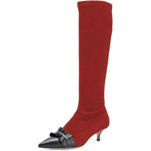imageFSJ Women Elegant Knee High Long Boots Closed Toe Mid Kitten Heels Fashion Ruffles Shoes Size 415 USRed