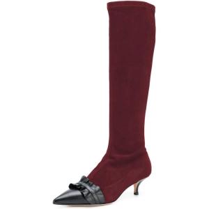 imageFSJ Women Elegant Knee High Long Boots Closed Toe Mid Kitten Heels Fashion Ruffles Shoes Size 415 USWine Red