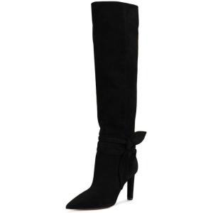 imageFSJ Women Elegant Pointed Closed Toe Knee High Long Boot Pull On Mid Heels Booties Faux Suede Dress Casual Ladies Shoes With Bow Size 415 USBlack