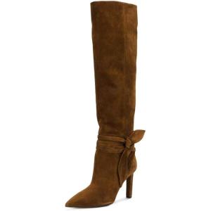 imageFSJ Women Elegant Pointed Closed Toe Knee High Long Boot Pull On Mid Heels Booties Faux Suede Dress Casual Ladies Shoes With Bow Size 415 USBrown