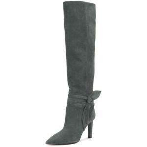 imageFSJ Women Elegant Pointed Closed Toe Knee High Long Boot Pull On Mid Heels Booties Faux Suede Dress Casual Ladies Shoes With Bow Size 415 USCeladon