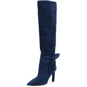 imageFSJ Women Elegant Pointed Closed Toe Knee High Long Boot Pull On Mid Heels Booties Faux Suede Dress Casual Ladies Shoes With Bow Size 415 USDark Blue