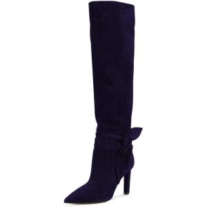 imageFSJ Women Elegant Pointed Closed Toe Knee High Long Boot Pull On Mid Heels Booties Faux Suede Dress Casual Ladies Shoes With Bow Size 415 USDark Purple