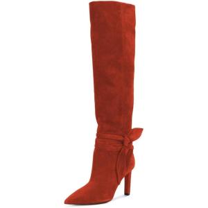 imageFSJ Women Elegant Pointed Closed Toe Knee High Long Boot Pull On Mid Heels Booties Faux Suede Dress Casual Ladies Shoes With Bow Size 415 USRed