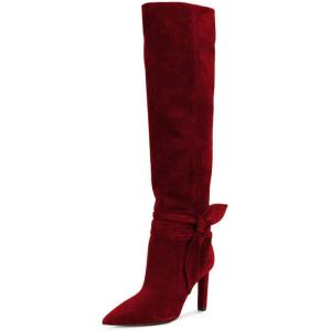 imageFSJ Women Elegant Pointed Closed Toe Knee High Long Boot Pull On Mid Heels Booties Faux Suede Dress Casual Ladies Shoes With Bow Size 415 USWine Red
