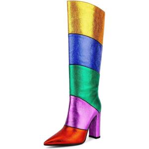 imageFSJ Women Multicolor Knee High Boots Chunky High Heel Pointed Toe Colorful Leather Stretchy Riding Booties Party Dress Shoes Size 415 USBlue