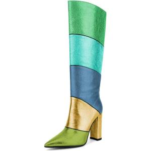 imageFSJ Women Multicolor Knee High Boots Chunky High Heel Pointed Toe Colorful Leather Stretchy Riding Booties Party Dress Shoes Size 415 USGreen