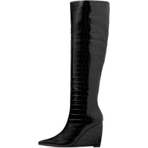 imageFSJ Women Over the Knee Boots Wedge Heel Pointed Toe Thigh High Booties with Side Zipper Comfortable Thick High Heel Trendy Ladies Prom Club Long Boots Size 415 USBlack