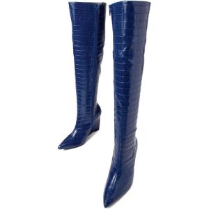 imageFSJ Women Over the Knee Boots Wedge Heel Pointed Toe Thigh High Booties with Side Zipper Comfortable Thick High Heel Trendy Ladies Prom Club Long Boots Size 415 USBlue