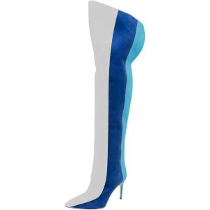 imageFSJ Women Over the Knee Thigh High Boots Sexy Pointed Toe Stiletto High Heel Multicolor Long Stretch Suede Nightclub Party Dress Shoes Size 416 USBlue and White