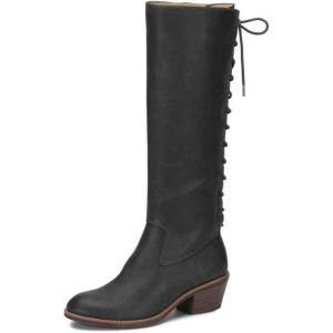 imageFSJ Women Retro Knee High Combat Boots Stacked Block Heels Almond Toe Laceup Zipper Party Winter Boots Shoe Size 415 USBlack