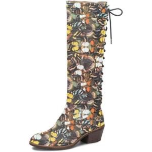 imageFSJ Women Retro Knee High Combat Boots Stacked Block Heels Almond Toe Laceup Zipper Party Winter Boots Shoe Size 415 USButterfly