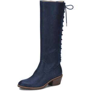 imageFSJ Women Retro Knee High Combat Boots Stacked Block Heels Almond Toe Laceup Zipper Party Winter Boots Shoe Size 415 USNavy