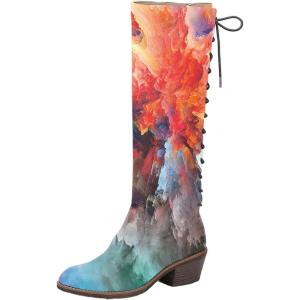 imageFSJ Women Retro Knee High Combat Boots Stacked Block Heels Almond Toe Laceup Zipper Party Winter Boots Shoe Size 415 USPigment