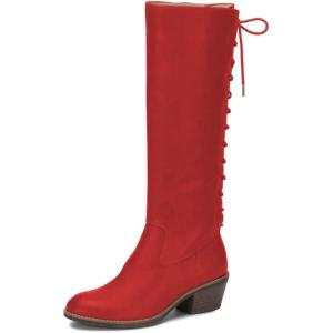 imageFSJ Women Retro Knee High Combat Boots Stacked Block Heels Almond Toe Laceup Zipper Party Winter Boots Shoe Size 415 USRed