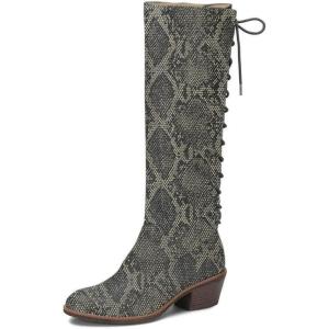 imageFSJ Women Retro Knee High Combat Boots Stacked Block Heels Almond Toe Laceup Zipper Party Winter Boots Shoe Size 415 USSnakeskin