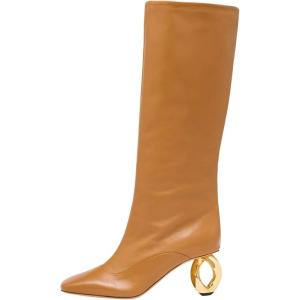 imageFSJ Women Stylish Chain Heel Knee High Boots Rounded Toe Side Zip Boot Wide Calf Fashion High Heel Daily Wear Casual Outing Shoes Size 416 USBrown