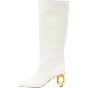 imageFSJ Women Stylish Chain Heel Knee High Boots Rounded Toe Side Zip Boot Wide Calf Fashion High Heel Daily Wear Casual Outing Shoes Size 416 USWhite