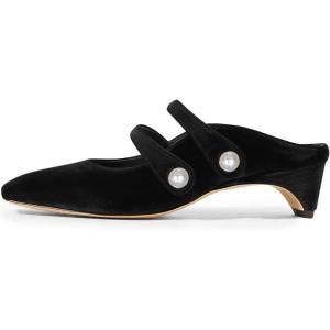 imageFSJ Women Low Cone Heel Mules Velvet Closed Square Toe Pearl Buckle Strap Slip On Pumps Backless Slide Sandals Office Dress Shoes Size 415 USBlack