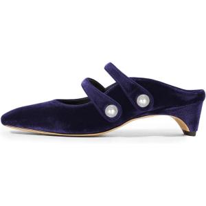 imageFSJ Women Low Cone Heel Mules Velvet Closed Square Toe Pearl Buckle Strap Slip On Pumps Backless Slide Sandals Office Dress Shoes Size 415 USBlue Velvet