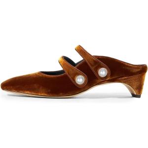 imageFSJ Women Low Cone Heel Mules Velvet Closed Square Toe Pearl Buckle Strap Slip On Pumps Backless Slide Sandals Office Dress Shoes Size 415 USBrown