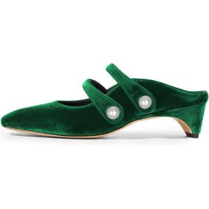 imageFSJ Women Low Cone Heel Mules Velvet Closed Square Toe Pearl Buckle Strap Slip On Pumps Backless Slide Sandals Office Dress Shoes Size 415 USEmerald