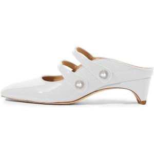 imageFSJ Women Low Cone Heel Mules Velvet Closed Square Toe Pearl Buckle Strap Slip On Pumps Backless Slide Sandals Office Dress Shoes Size 415 USWhite