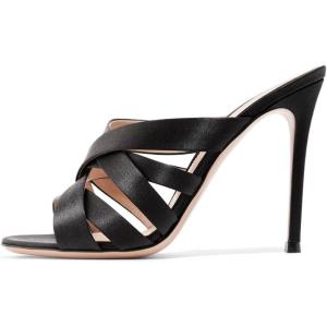 imageFSJ Women Strappy Satin Open Toe Sandals Stiletto High Heels Mules Slip On Shoes Size 415 USBlack