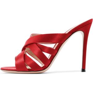 imageFSJ Women Strappy Satin Open Toe Sandals Stiletto High Heels Mules Slip On Shoes Size 415 USRed