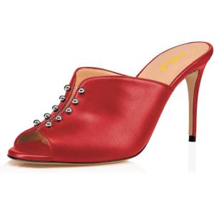 imageFSJ Women Stylish Peep Toe Mules Stiletto High Heels Pumps Slide Sandals Casual Shoes Size 415 USRed