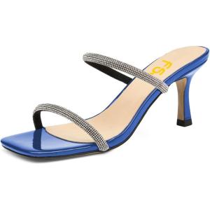 imageFSJ Women Stylish Square Open Toe Heeled Sandals Low Kitten Heels Shiny Rhinestones Two Straps Mules Slip On Casual Dress Shoes Size 415 USBlue