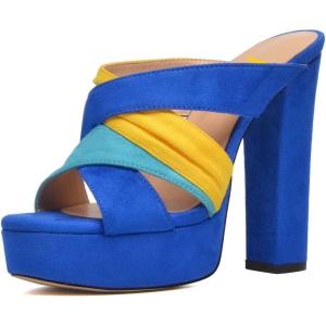 imageFSJ Women Summer Platform Chunky Block Heeled Sandals Open Toe Slip On Cross Strap High Heel Mules Casual Dress Slides Size 415 USBlue