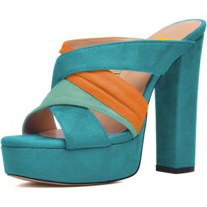imageFSJ Women Summer Platform Chunky Block Heeled Sandals Open Toe Slip On Cross Strap High Heel Mules Casual Dress Slides Size 415 USTeal
