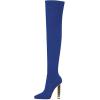 imageFSJ Women Fashion Over The Knee Long Boots Comfortable Flower Gold Metal Chain Chunky High Heels Sexy Pointed Toe Platform Stretch Thigh High Pull On Warm Shoes Size 415 USBlue