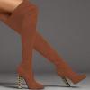 imageFSJ Women Fashion Over The Knee Long Boots Comfortable Flower Gold Metal Chain Chunky High Heels Sexy Pointed Toe Platform Stretch Thigh High Pull On Warm Shoes Size 415 USChocolate