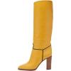 imageFSJ Women Round Toe Wide Calf Knee High Boots High Stacked Chunky Heel Long Boots Pull On Western Dress Shoes Size 415 USYellow