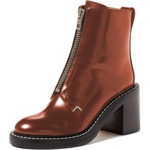 imageFSJ Women Comfy Stacked Low Heels Ankle Boots with Front Zipper Round Toe Handmade Shoes Size 415 USBrown