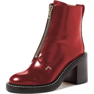 imageFSJ Women Comfy Stacked Low Heels Ankle Boots with Front Zipper Round Toe Handmade Shoes Size 415 USRed