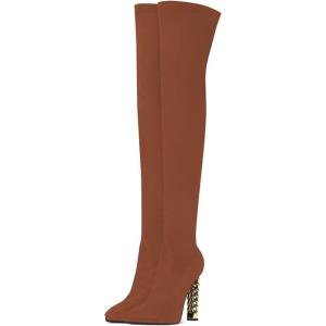 imageFSJ Women Fashion Over The Knee Long Boots Comfortable Flower Gold Metal Chain Chunky High Heels Sexy Pointed Toe Platform Stretch Thigh High Pull On Warm Shoes Size 415 USChocolate
