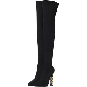 imageFSJ Women Fashion Over The Knee Long Boots Comfortable Flower Gold Metal Chain Chunky High Heels Sexy Pointed Toe Platform Stretch Thigh High Pull On Warm Shoes Size 415 USBlack
