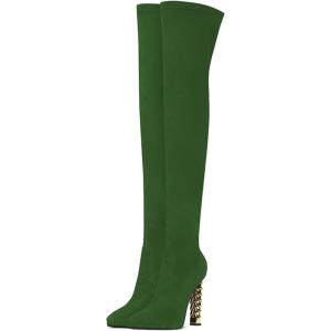 imageFSJ Women Fashion Over The Knee Long Boots Comfortable Flower Gold Metal Chain Chunky High Heels Sexy Pointed Toe Platform Stretch Thigh High Pull On Warm Shoes Size 415 USGreen